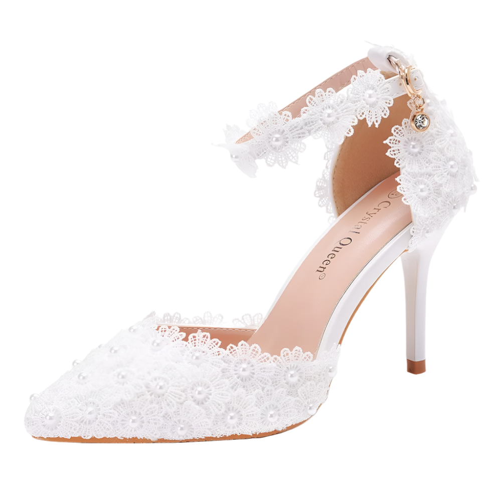White lace high-heeled shoe on a white background