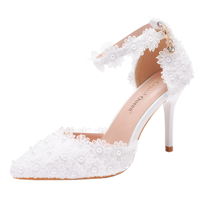 White lace high-heeled shoe on a white background