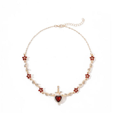 Couple Heart and Sword Necklace Set for Women Men, Zircon Crystal Heart Rose Flower Jewelry Birthday Valentine's Day Gifts