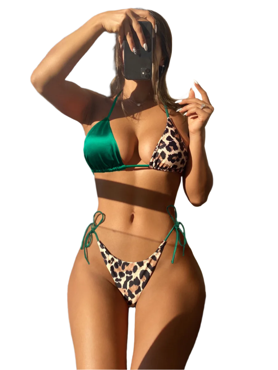 Green and Leopard Bikini: A trendy bikini with a mix of solid green and leopard print, featuring a triangle top and tie-side bottoms for a stylish beach look.