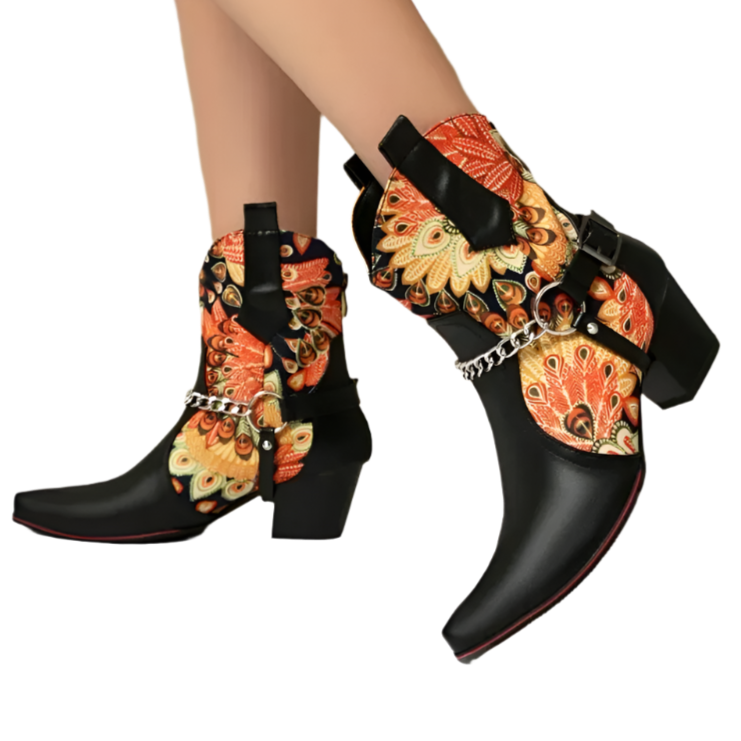Black high-heeled boots with colorful butterfly design on a white background