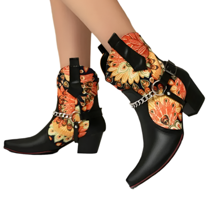 Black high-heeled boots with colorful butterfly design on a white background