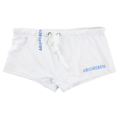 swim trunks with white drawstring and 'ARIGREBEN' branding