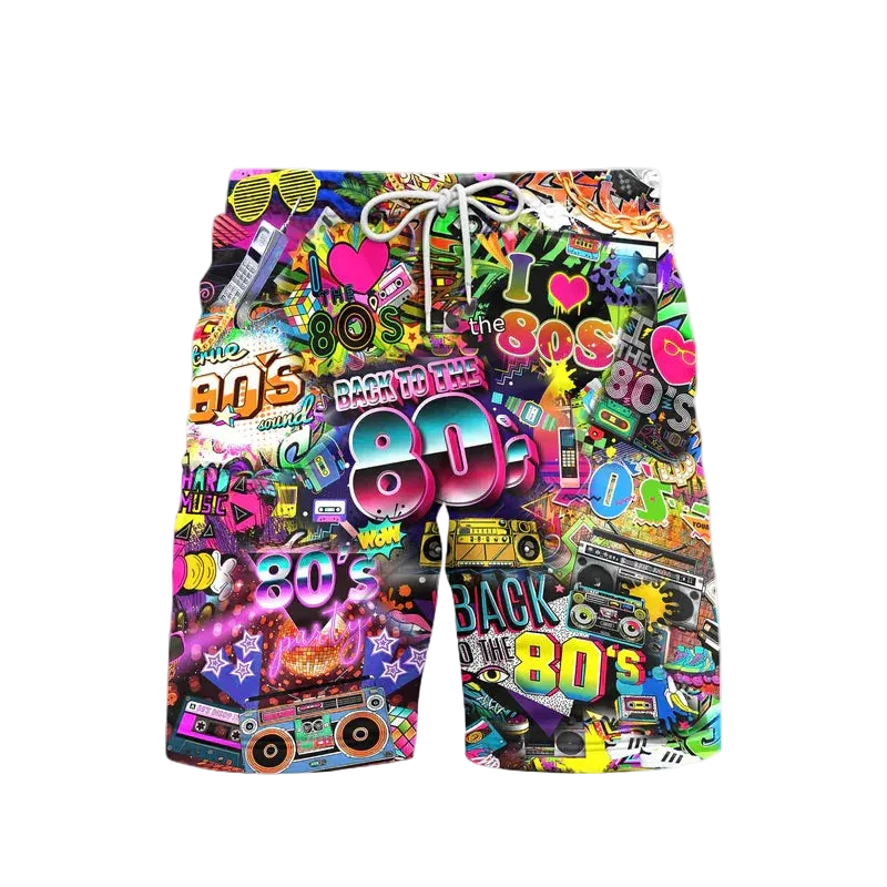 Colorful shorts with 80s-themed graphics on a white background