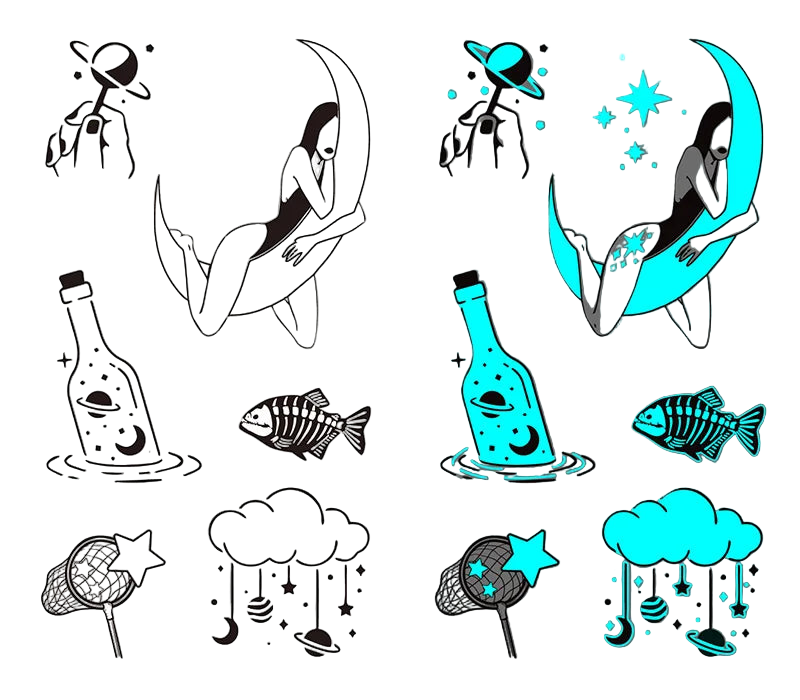 Set of black and blue temporary tattoos with various designs on a white and gray background.