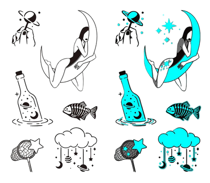 Set of black and blue temporary tattoos with various designs on a white and gray background.