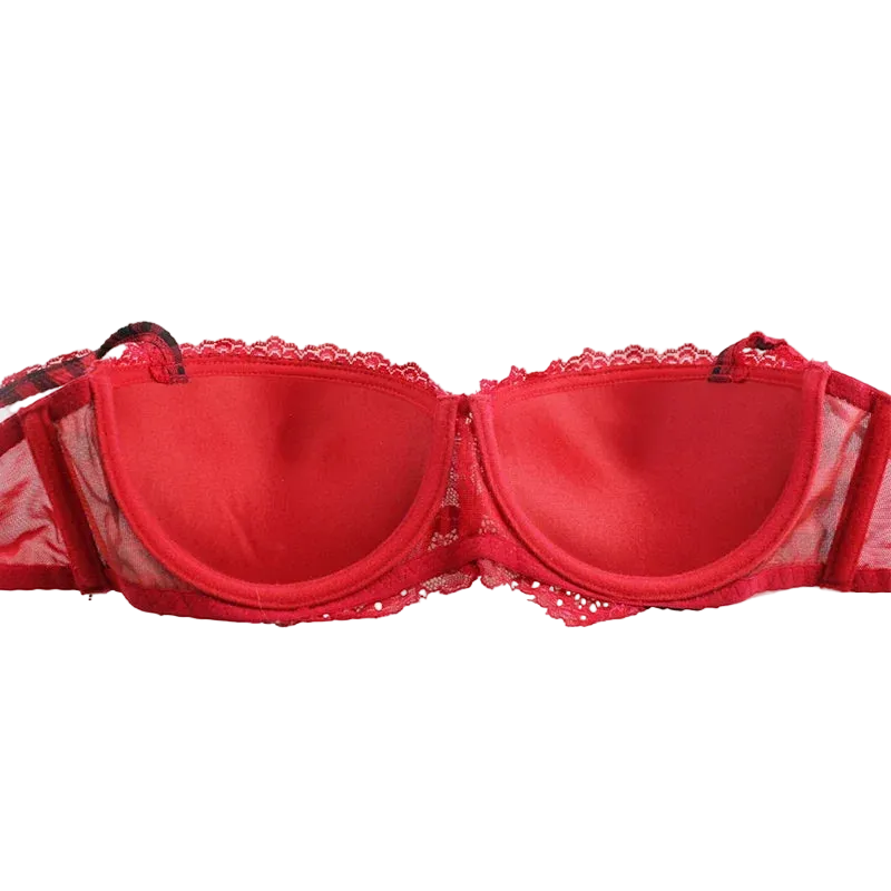 Red lace underwire bra with sheer mesh side panels, shown flat against a white background.