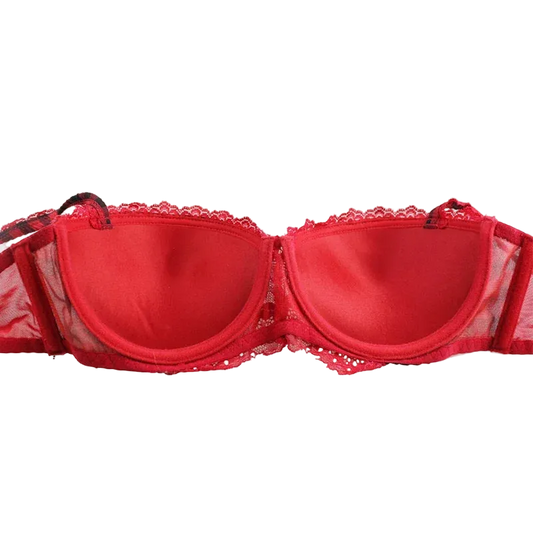 Red lace underwire bra with sheer mesh side panels, shown flat against a white background.