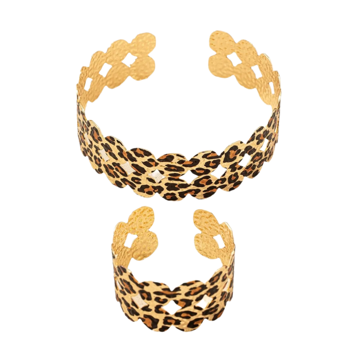 Seductive leopard print hollow collar necklace and bracelet set featuring artistic circular design and metallic finish, perfect for intimate evening wear