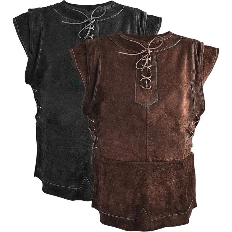 Black and brown leather vests with lace-up front design on a white background