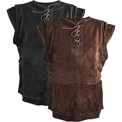Black and brown leather vests with lace-up front design on a white background