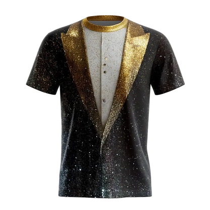 A short-sleeve t-shirt with a black and silver glittery tuxedo jacket design, featuring a white mock neck with gold glitter trim and a buttoned front.