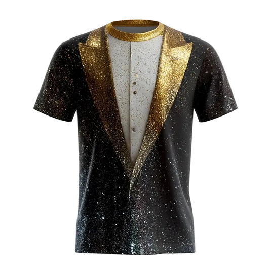 A short-sleeve t-shirt with a black and silver glittery tuxedo jacket design, featuring a white mock neck with gold glitter trim and a buttoned front.