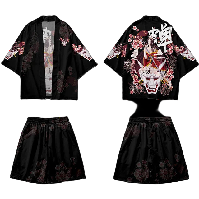 Black kimono-style outfit with floral and demon designs on a white background