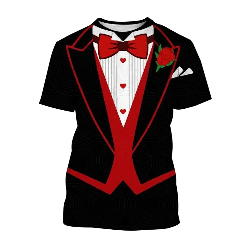A black short-sleeve t-shirt with an all-over tuxedo print, featuring a red bow tie, red vest, red lapels, a white striped shirt, red heart details, and a red rose boutonniere. The word 'Red' is written in red text in the top-left corner.