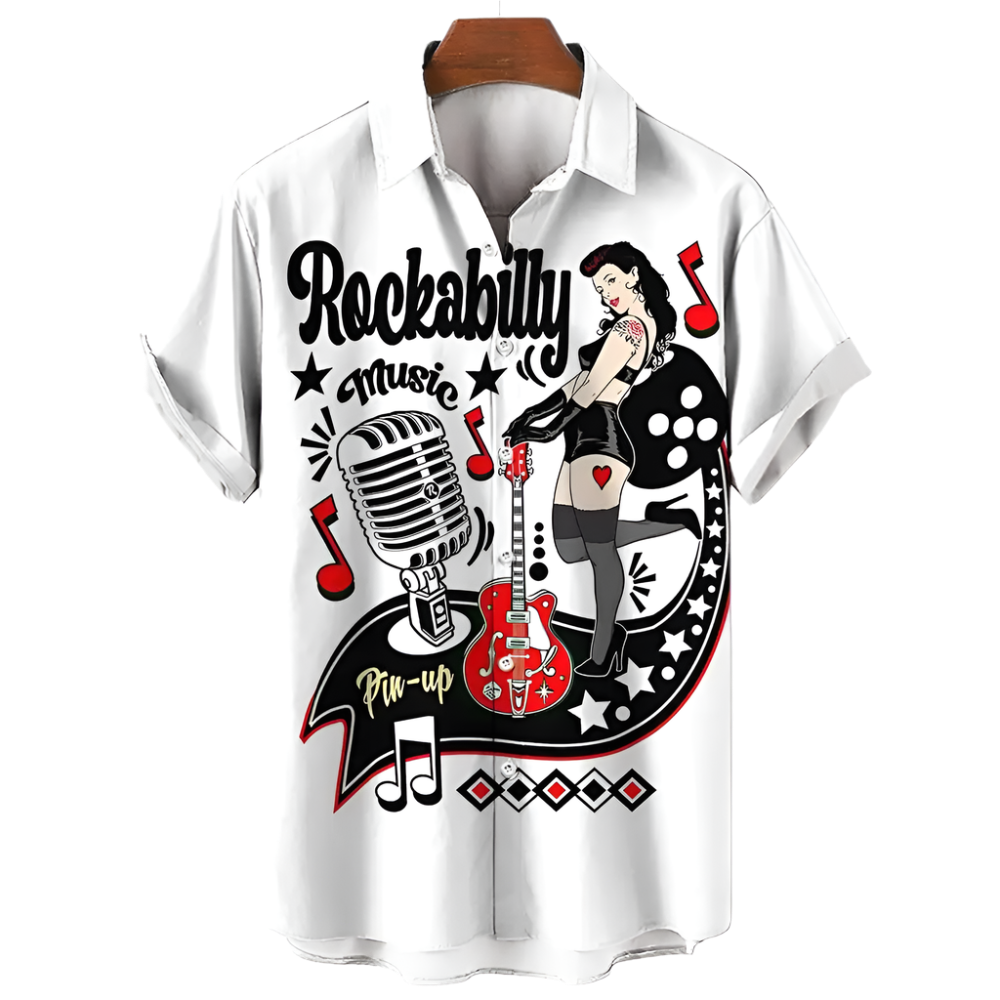 White shirt with rockabilly music design featuring a woman, guitar, and microphone.