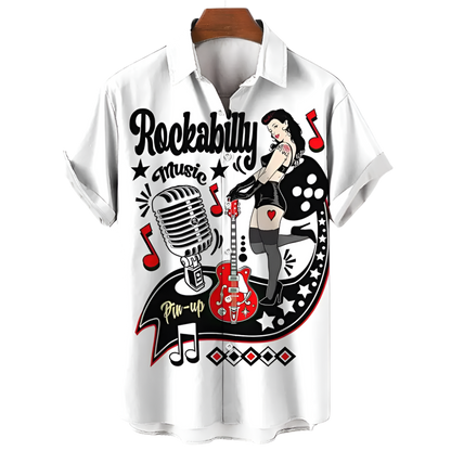 White shirt with rockabilly music design featuring a woman, guitar, and microphone.
