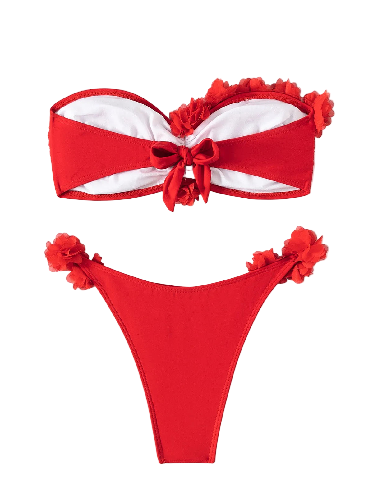 Red bikini set with floral details on a white background