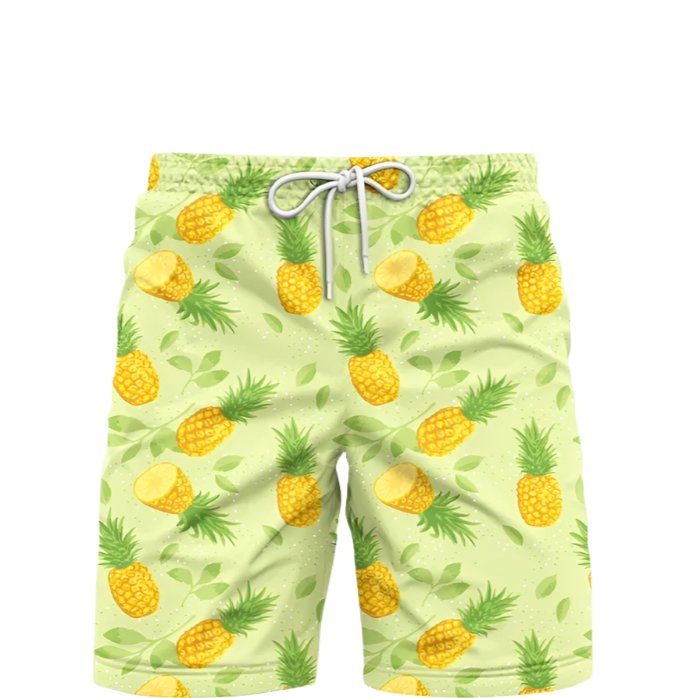 3D Pineapple Print Swim Trunks for luxury adult resorts, featuring vibrant tropical pattern on premium board shorts