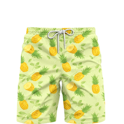 3D Pineapple Print Swim Trunks for luxury adult resorts, featuring vibrant tropical pattern on premium board shorts