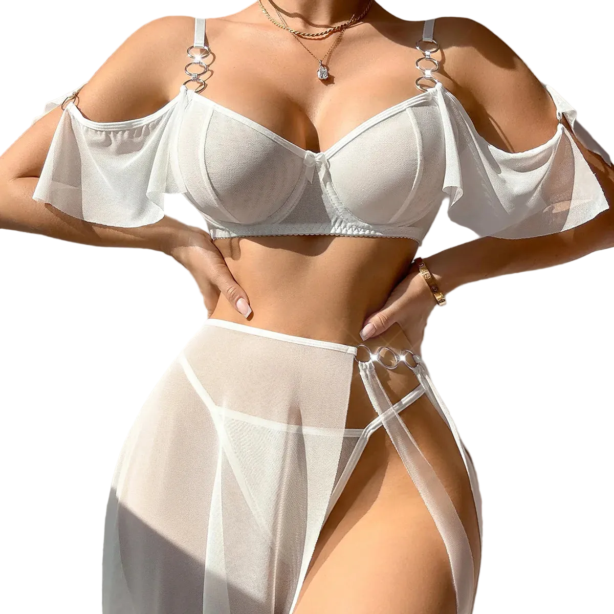 White bikini set with ruffled straps on a neutral background