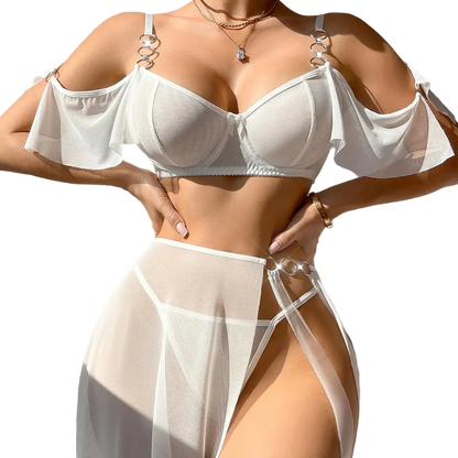 White bikini set with ruffled straps on a neutral background