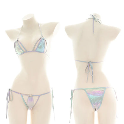 Summer Micro Bikini Set Women Swimwear Laser Holographic Halter Tops Bra Thong Bathing Suit Beachwear Brazilian Biquini