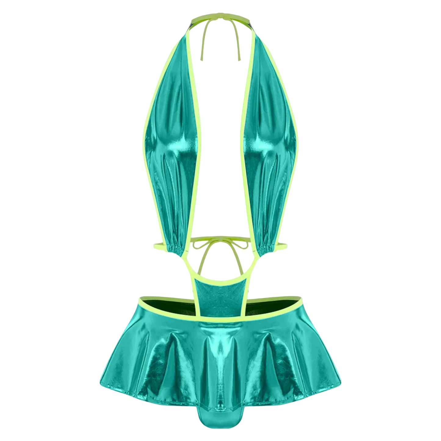 A metallic teal and neon yellow two-piece lingerie set featuring a halter top with a ruffled neckline and a matching ruffled mini skirt, shown against a plain white background.