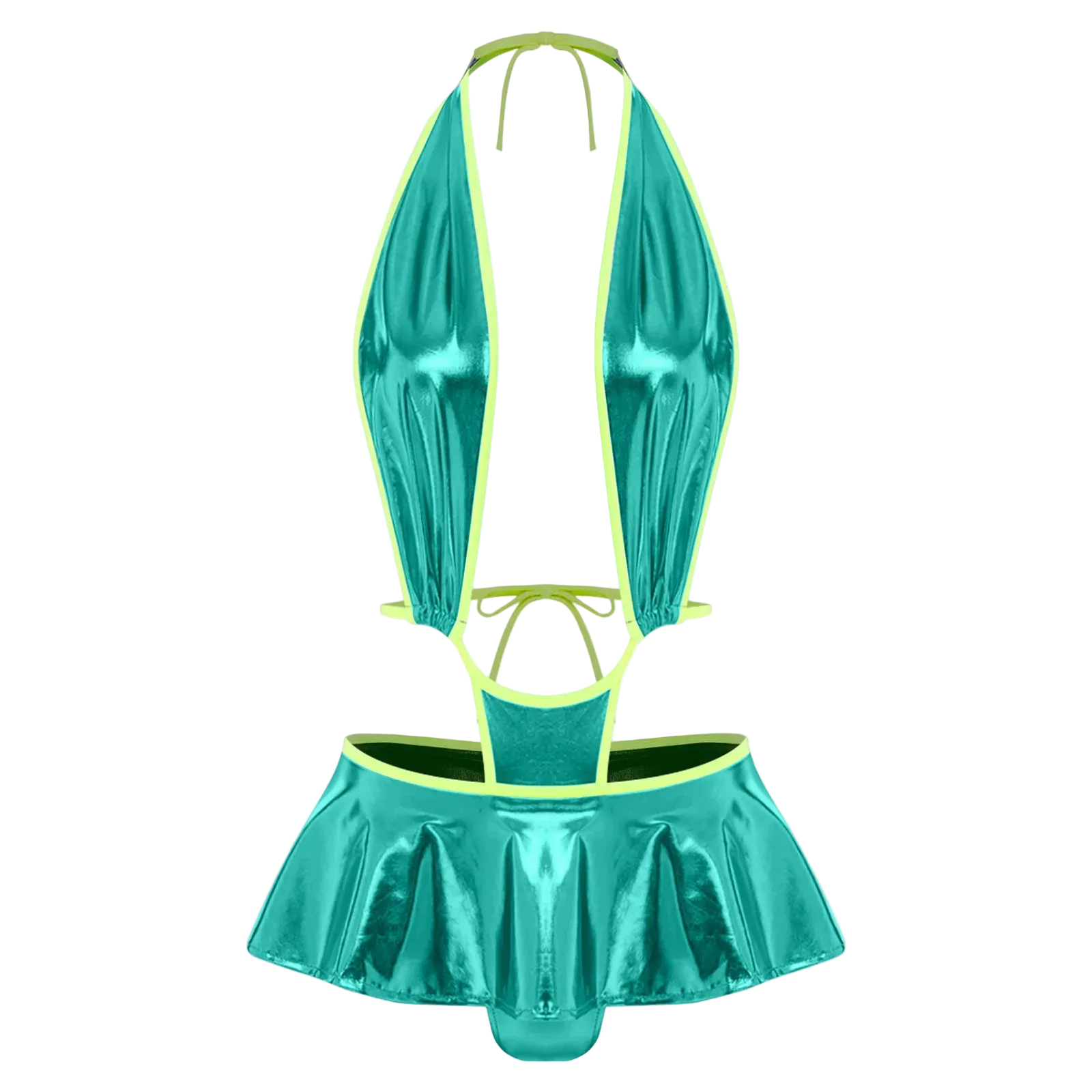 A metallic teal and neon yellow two-piece lingerie set featuring a halter top with a ruffled neckline and a matching ruffled mini skirt, shown against a plain white background.