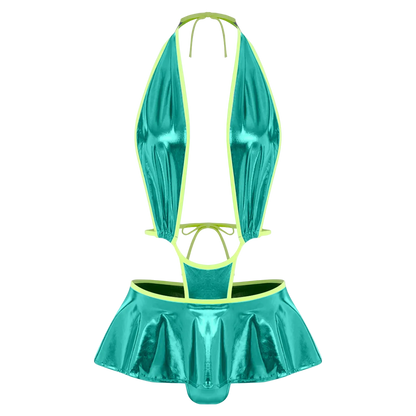 A metallic teal and neon yellow two-piece lingerie set featuring a halter top with a ruffled neckline and a matching ruffled mini skirt, shown against a plain white background.