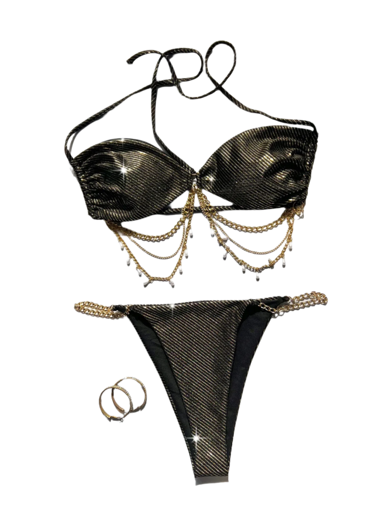 A glamorous black bikini with a metallic sheen, adorned with gold chain embellishments. The set includes a bandeau top and matching bottoms, offering a luxurious and stylish appearance.