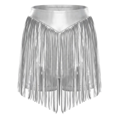 Women Iridescent Metallic Hot Pants with Fringed High Waist Tassel Skirted Shorts Cheeky Shorts Stage Dance Jazz Rock Clubwear