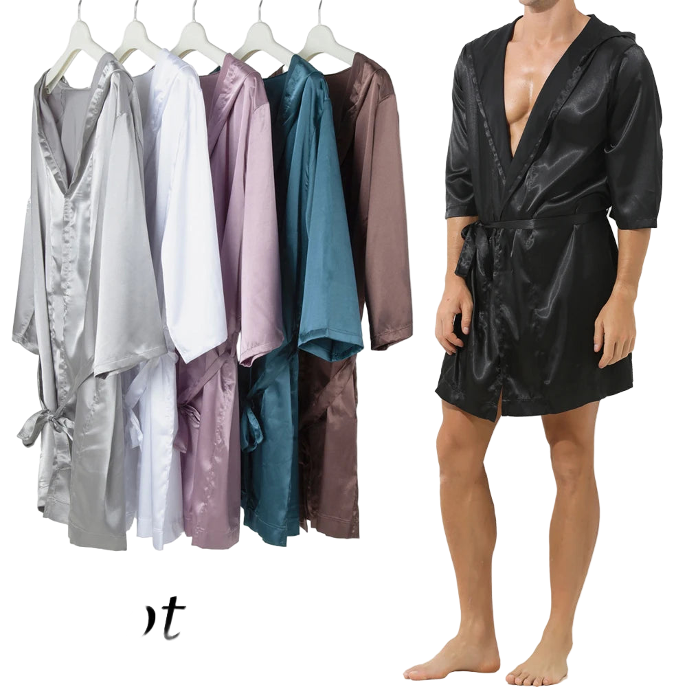 Collection of satin robes in various colors with a person wearing a black robe.
