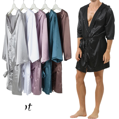Collection of satin robes in various colors with a person wearing a black robe.