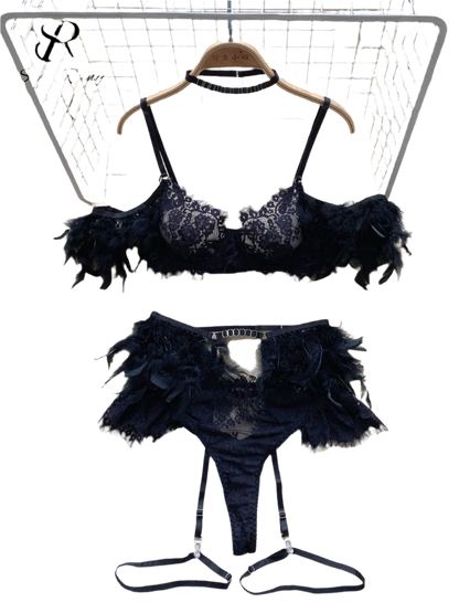 Three-piece feather lace halter set with embroidered details for resort evenings

