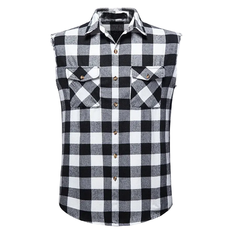 A men's sleeveless plaid button-up shirt in black and white check, featuring two chest pockets with button flaps and brown buttons