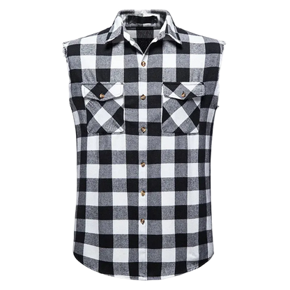 A men's sleeveless plaid button-up shirt in black and white check, featuring two chest pockets with button flaps and brown buttons