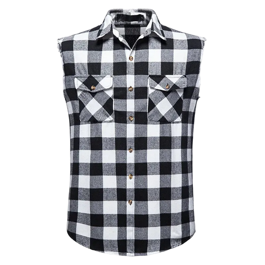A men's sleeveless plaid button-up shirt in black and white check, featuring two chest pockets with button flaps and brown buttons