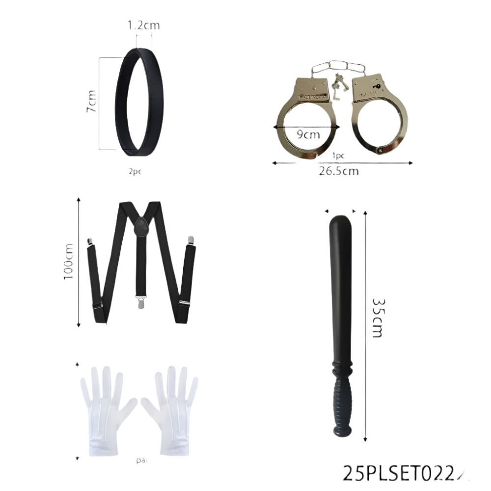 Measurement chart of police-themed items including handcuffs, suspenders, a baton, and gloves on a white background.