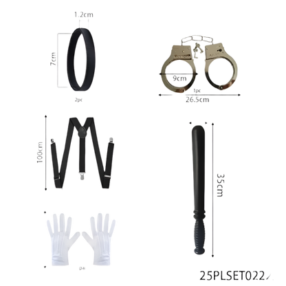 Measurement chart of police-themed items including handcuffs, suspenders, a baton, and gloves on a white background.