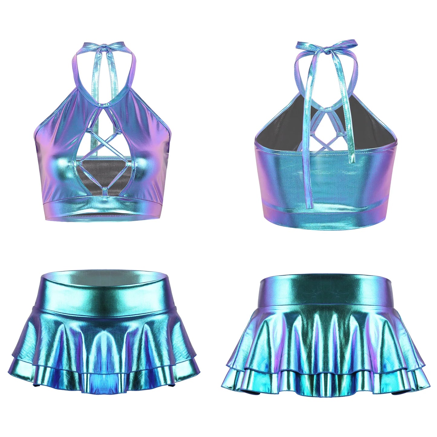 Two Piece Sets Womens Outifits Clothing Set Shiny Metallic Rave Erotic Halter Crop Top Bra Vest With Faux Leather Mini Skirt XXL
