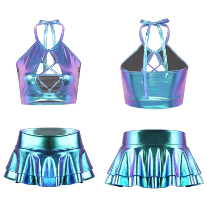 Two Piece Sets Womens Outifits Clothing Set Shiny Metallic Rave Erotic Halter Crop Top Bra Vest With Faux Leather Mini Skirt XXL
