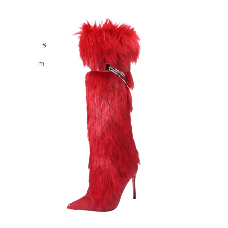 Elegant Knee-Length Fluffy Fur Boots with Stiletto Heel for Resort Evening Wear