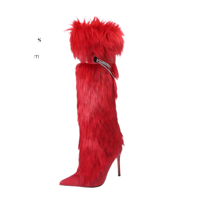 Elegant Knee-Length Fluffy Fur Boots with Stiletto Heel for Resort Evening Wear