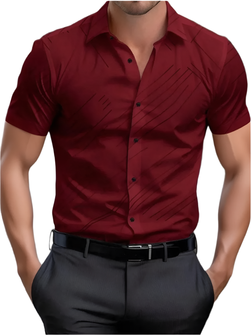 Red short-sleeve shirt worn by a person with a blurred background