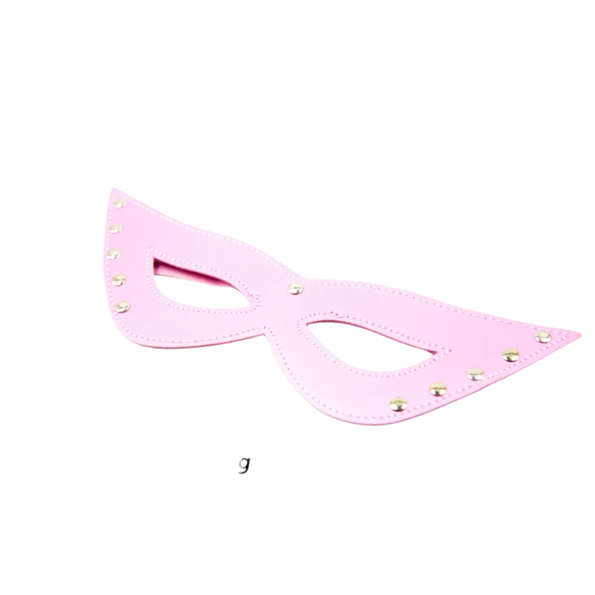 A pink leather eye mask with cut-out eyes and studded details. The design is sleek and mysterious, perfect for a costume or themed event.