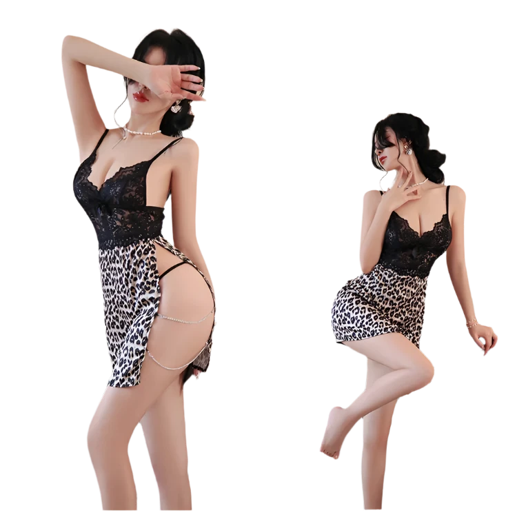 Leopard Print Slip Dress: A sultry slip dress with a leopard print, lace detailing, and a low back, adding a touch of glamour and allure.