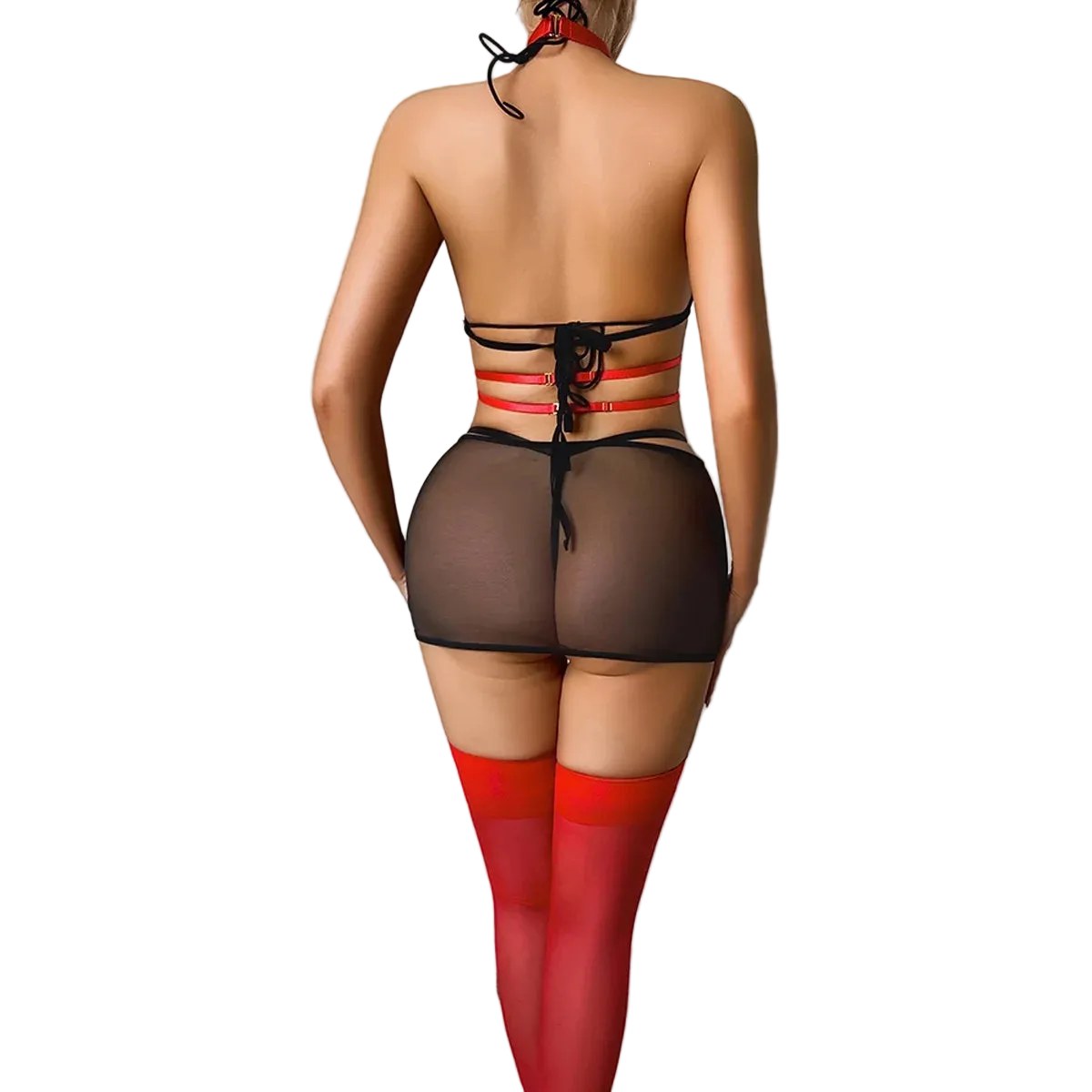 Rear view of a model wearing sheer black mesh thong underwear with red strappy accents at the back, paired with red thigh-high stockings, against a plain light gray wall.