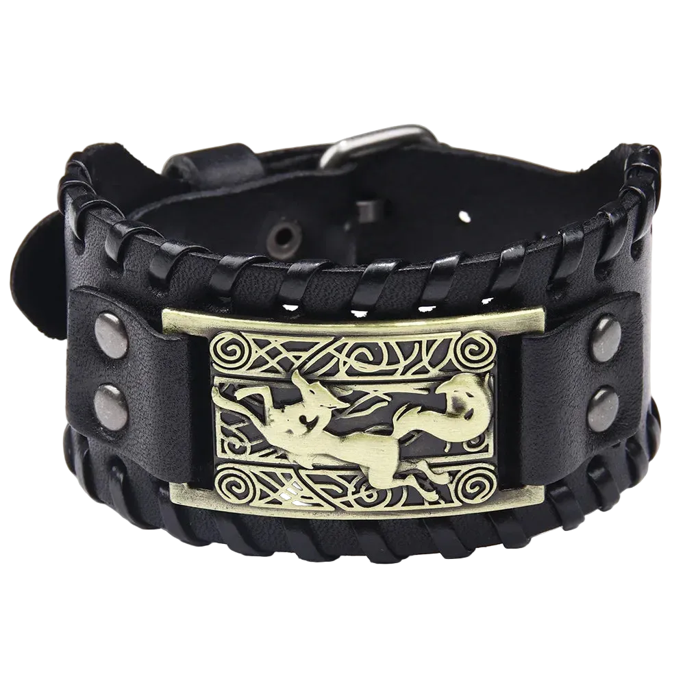 Black leather bracelet with a gold dragon emblem on a white background