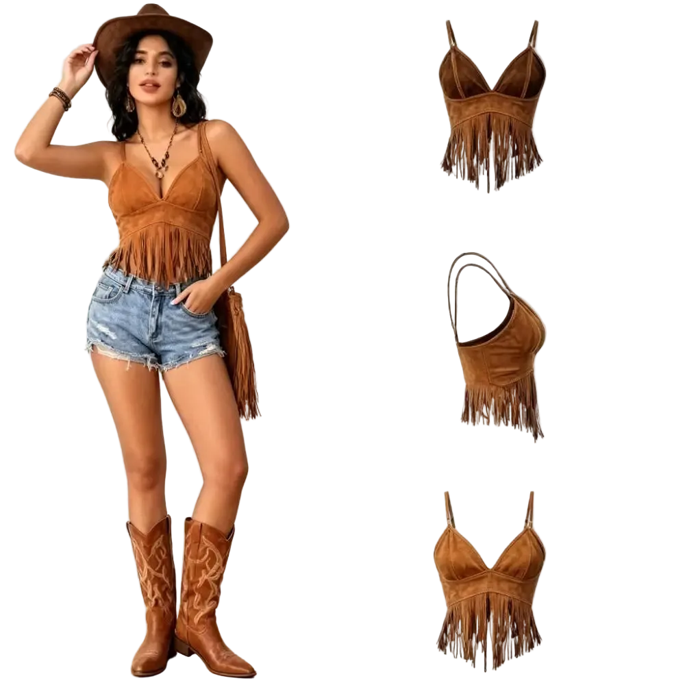 A woman models a brown suede fringe halter top and matching brown cowboy boots, with three smaller product views of the halter top on the right against a white background.